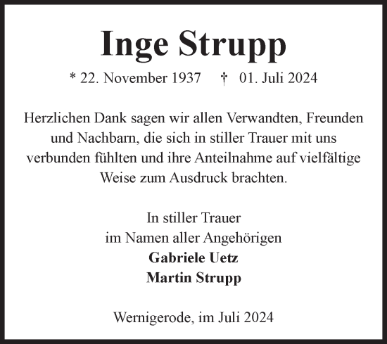 Traueranzeige von Inge Strupp von Volksstimme Wernigerode