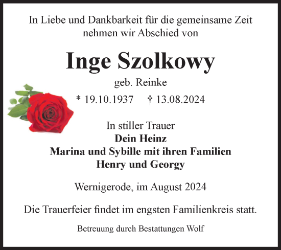 Traueranzeige von Inge Szolkowy von Volksstimme Wernigerode