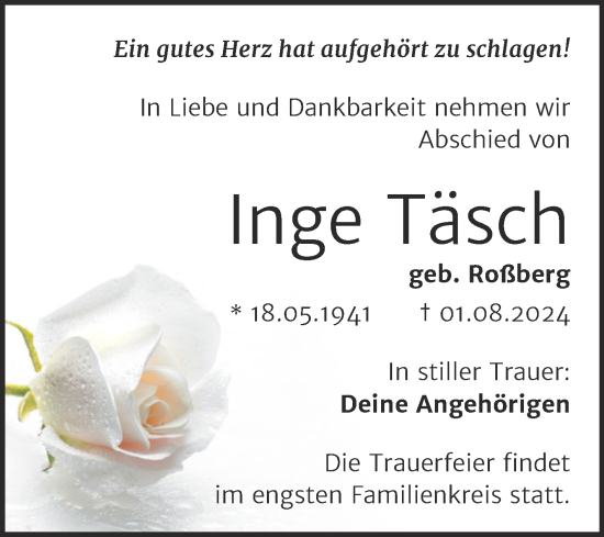 Traueranzeige von Inge Täsch von Trauerkombi Bitterfeld