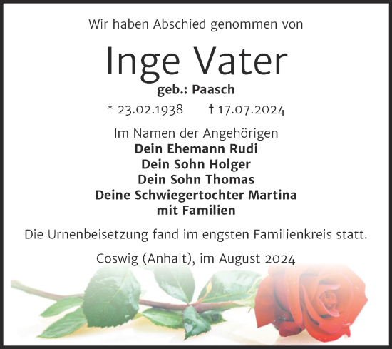 Traueranzeige von Inge Vater von Trauerkombi Wittenberg