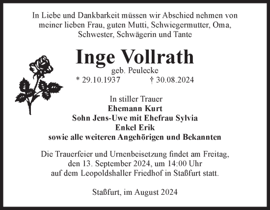 Traueranzeige von Inge Vollrath von Volksstimme Staßfurt