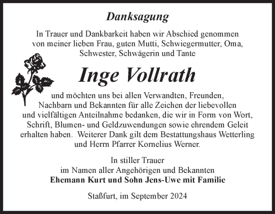 Traueranzeige von Inge Vollrath von Volksstimme Staßfurt