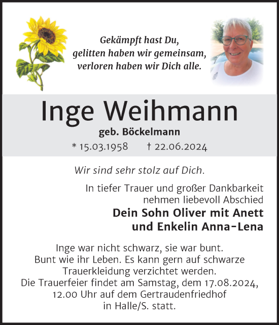 Traueranzeige von Inge Weihmann von Mitteldeutsche Zeitung Halle/Saalkreis
