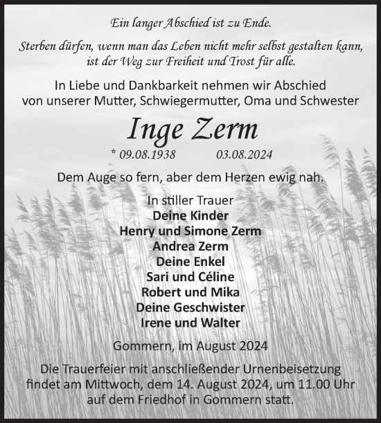 Traueranzeige von Inge Zerm von Volksstimme Burg/Genthin