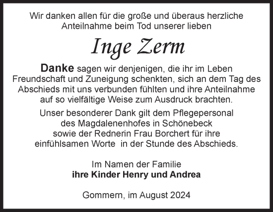 Traueranzeige von Inge Zerm von Volksstimme Burg/Genthin
