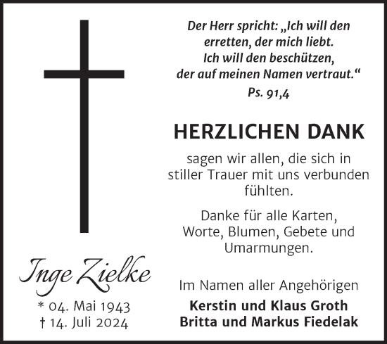 Traueranzeige von Inge Zielke von Trauerkombi Aschersleben
