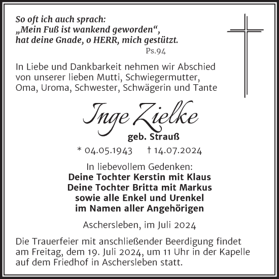 Traueranzeige von Inge Zielke von Trauerkombi Aschersleben