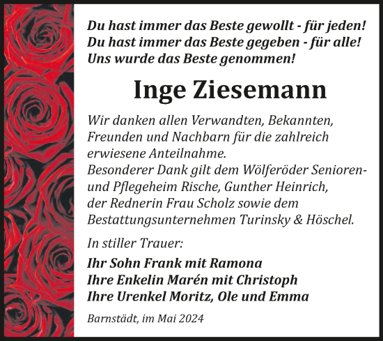 Traueranzeige von Inge Ziesemann von Trauerkombi Merseburg