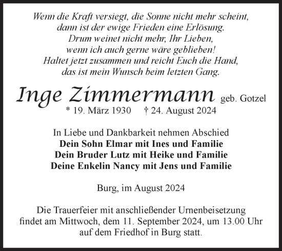 Traueranzeige von Inge Zimmermann von Volksstimme Burg/Genthin