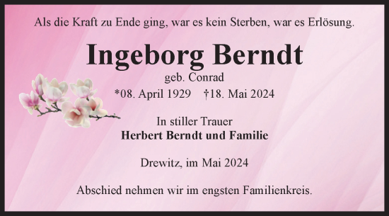 Traueranzeige von Ingeborg Berndt von Volksstimme Burg/Genthin