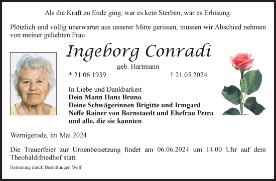 Traueranzeige von Ingeborg Conradi von Volksstimme Wernigerode