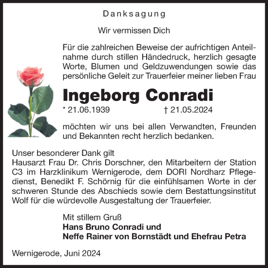 Traueranzeige von Ingeborg Conradi von Volksstimme Wernigerode