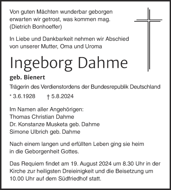 Traueranzeige von Ingeborg Dahme von Mitteldeutsche Zeitung Halle/Saalkreis