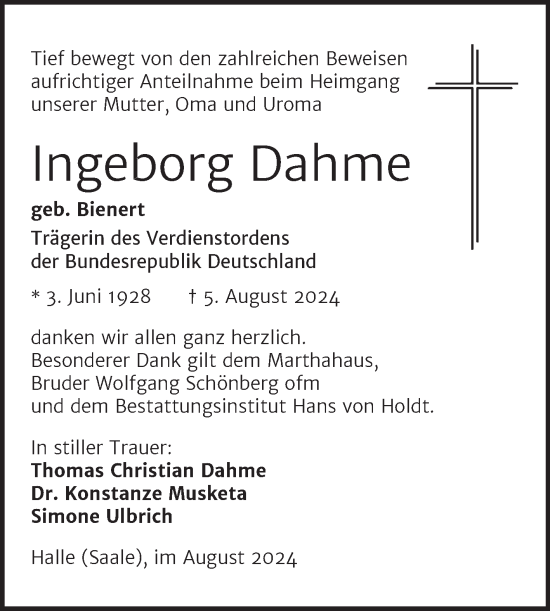 Traueranzeige von Ingeborg Dahme von Mitteldeutsche Zeitung Halle/Saalkreis