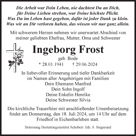 Traueranzeige von Ingeborg Frost von Volksstimme Haldensleben/Wolmirstedt