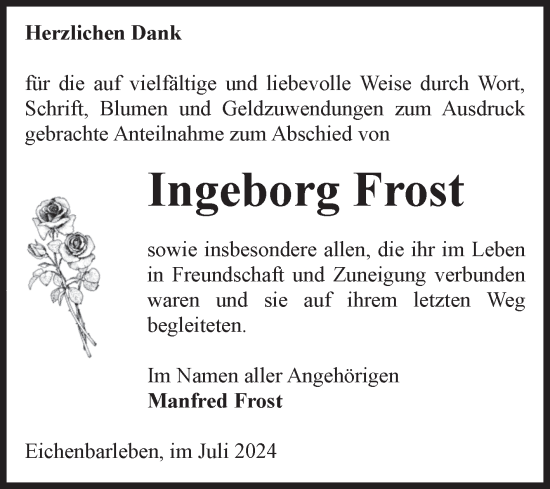 Traueranzeige von Ingeborg Frost von Volksstimme Haldensleben/Wolmirstedt