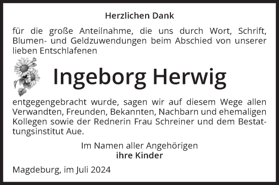 Traueranzeige von Ingeborg Herwig von Volksstimme Magdeburg