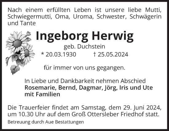 Traueranzeige von Ingeborg Herwig von Volksstimme Magdeburg