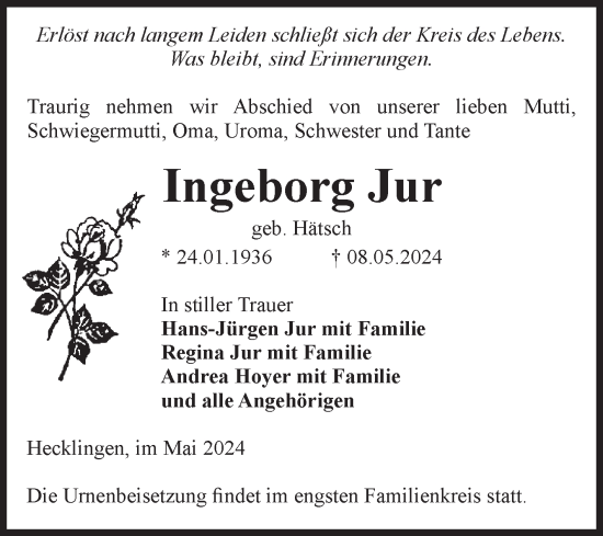 Traueranzeige von Ingeborg Jur von Volksstimme Staßfurt