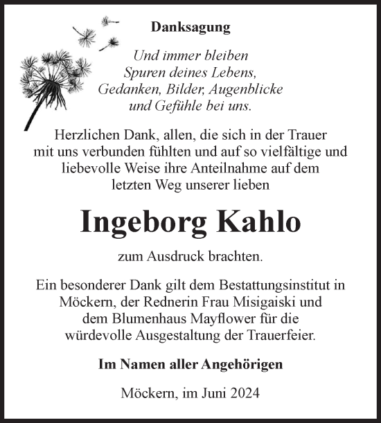 Traueranzeige von Ingeborg Kahlo von Volksstimme Burg/Genthin
