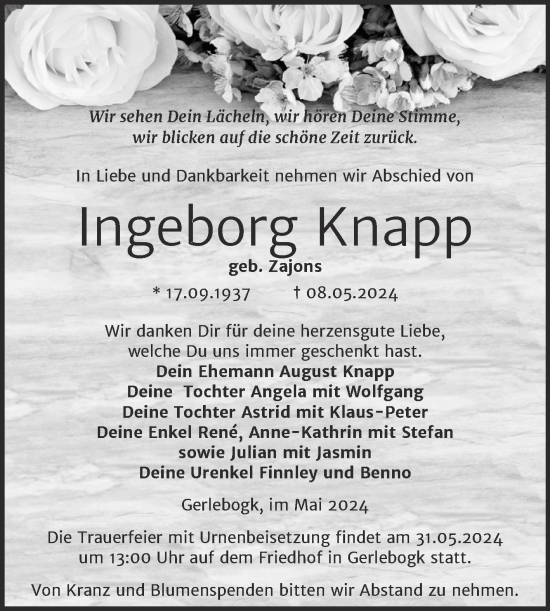 Traueranzeige von Ingeborg Knapp von Trauerkombi Bernburg
