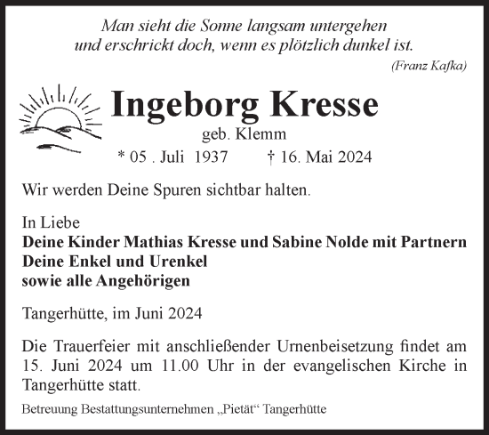 Traueranzeige von Ingeborg Kresse von Volksstimme Altmark Ost
