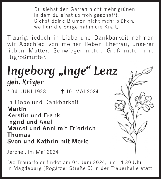 Traueranzeige von Ingeborg Lenz von Volksstimme Altmark West