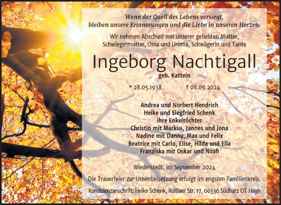 Traueranzeige von Ingeborg Nachtigall von Trauerkombi Mansfelder Land