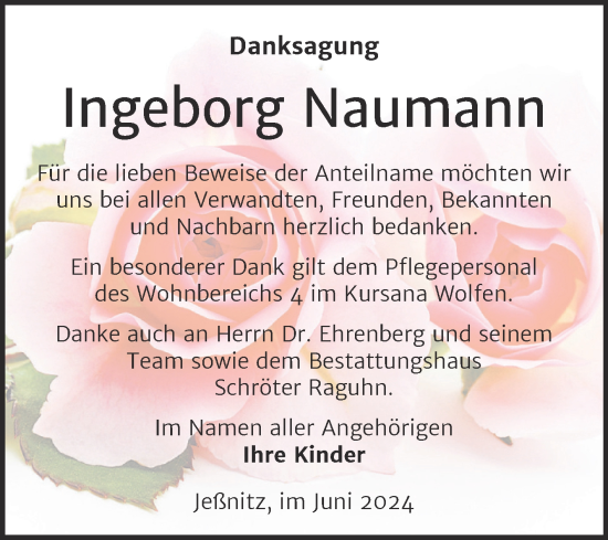 Traueranzeige von Ingeborg Naumann von Trauerkombi Bitterfeld