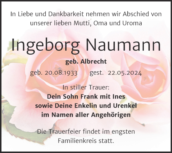 Traueranzeige von Ingeborg Naumann von Trauerkombi Bitterfeld