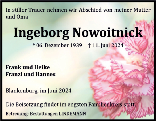 Traueranzeige von Ingeborg Nowoitnick von Volksstimme Wernigerode