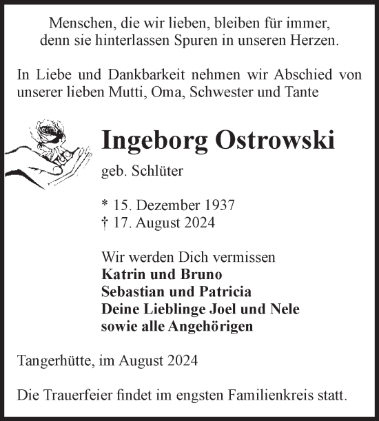 Traueranzeige von Ingeborg Ostrowski von Volksstimme Altmark Ost