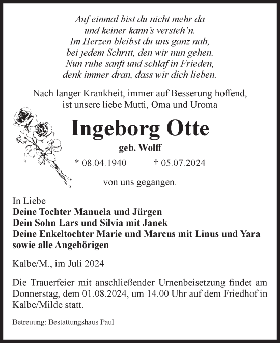 Traueranzeige von Ingeborg Otte von Volksstimme Altmark West