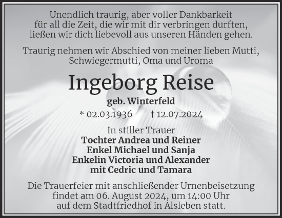 Traueranzeige von Ingeborg Reise von Trauerkombi Bernburg