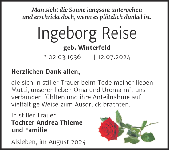 Traueranzeige von Ingeborg Reise von Trauerkombi Bernburg