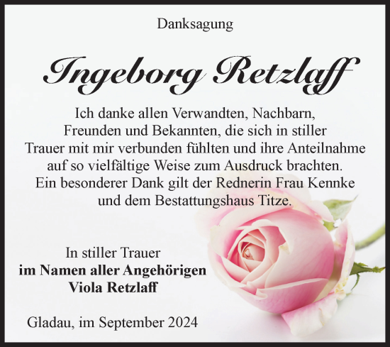 Traueranzeige von Ingeborg Retzlaff von Volksstimme Burg/Genthin