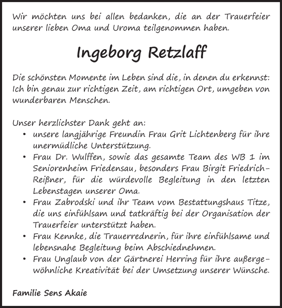 Traueranzeige von Ingeborg Retzlaff von Volksstimme Burg/Genthin