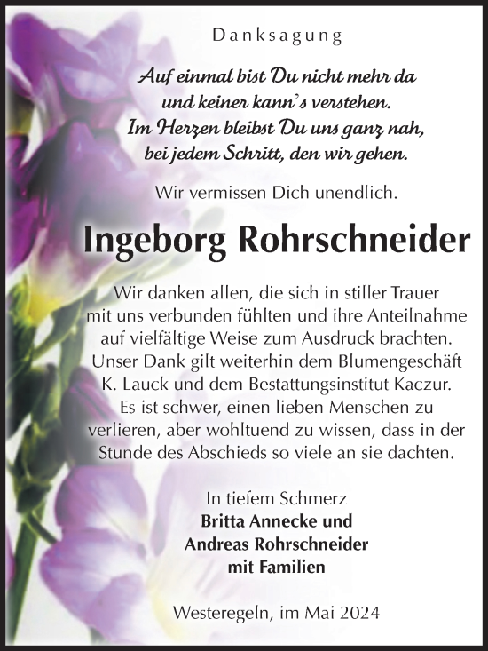 Traueranzeige von Ingeborg Rohrschneider von Volksstimme Staßfurt