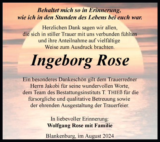 Traueranzeige von Ingeborg Rose von Volksstimme Wernigerode