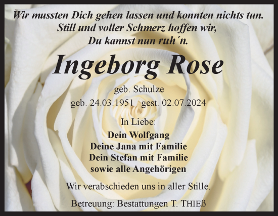 Traueranzeige von Ingeborg Rose von Volksstimme Wernigerode