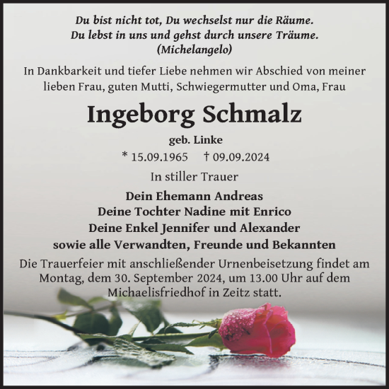 Traueranzeige von Ingeborg Schmalz von Trauerkombi Zeitz