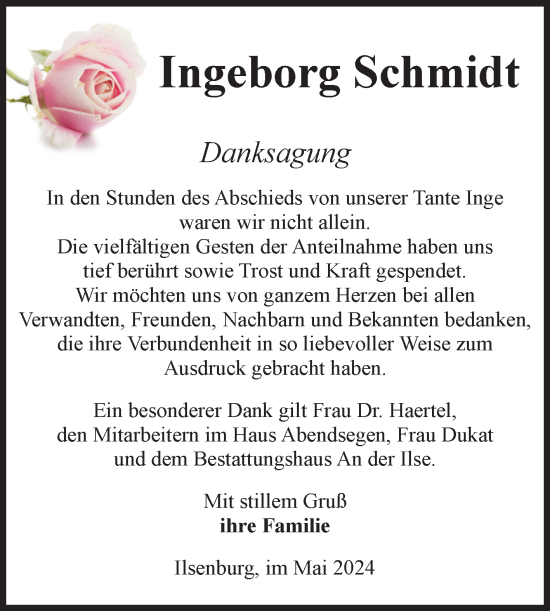 Traueranzeige von Ingeborg Schmidt von Volksstimme Wernigerode