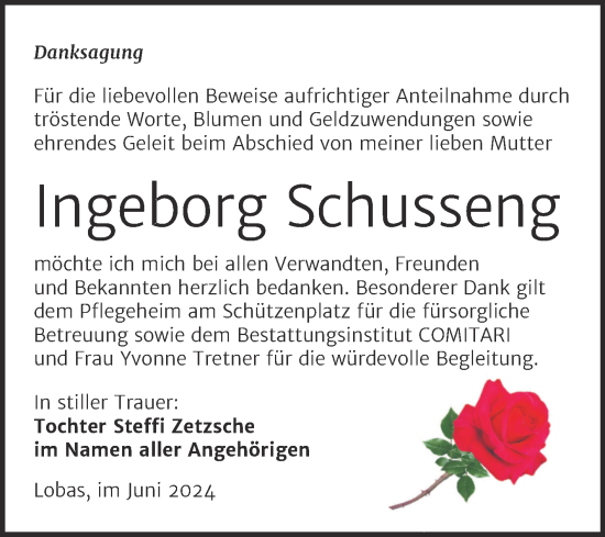 Traueranzeige von Ingeborg Schusseng von Trauerkombi Zeitz