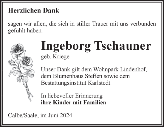 Traueranzeige von Ingeborg Tschauner von Volksstimme Schönebeck