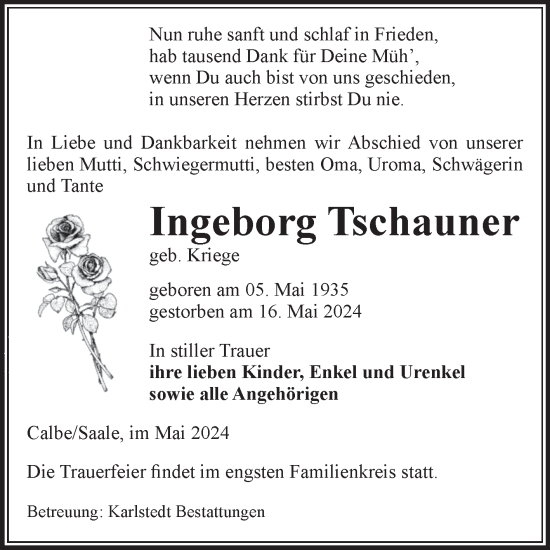 Traueranzeige von Ingeborg Tschauner von Volksstimme Schönebeck