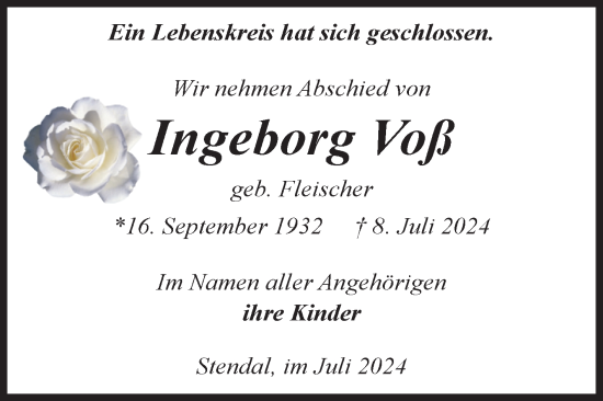 Traueranzeige von Ingeborg Voß von Volksstimme Altmark Ost