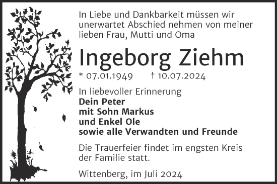 Traueranzeige von Ingeborg Ziehm von Trauerkombi Wittenberg