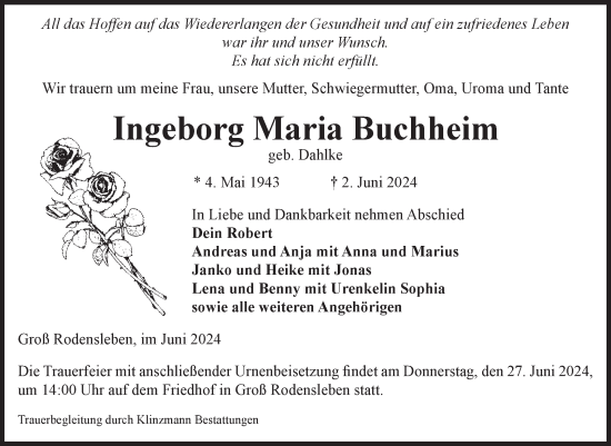 Traueranzeige von Ingeborg Maria Buchheim von Volksstimme Oschersleben/Wanzleben