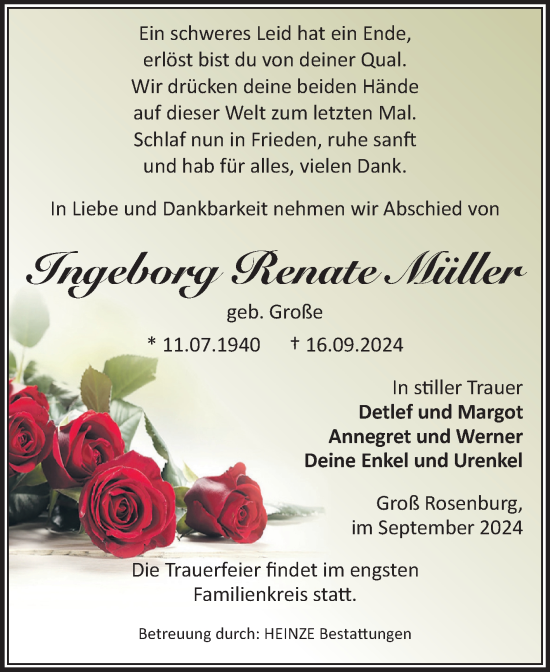 Traueranzeige von Ingeborg Renate Müller von Volksstimme Schönebeck