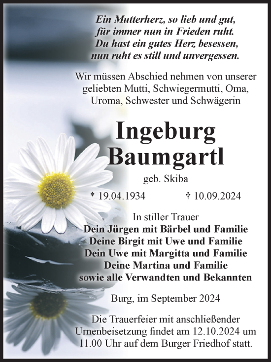 Traueranzeige von Ingeburg Baumgartl von Volksstimme Burg/Genthin